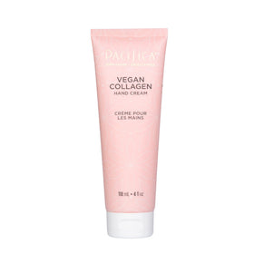 Pacifica Vegan Collagen Hand Cream tube; instantly nourishes dry hands with a silky, non-greasy finish.
