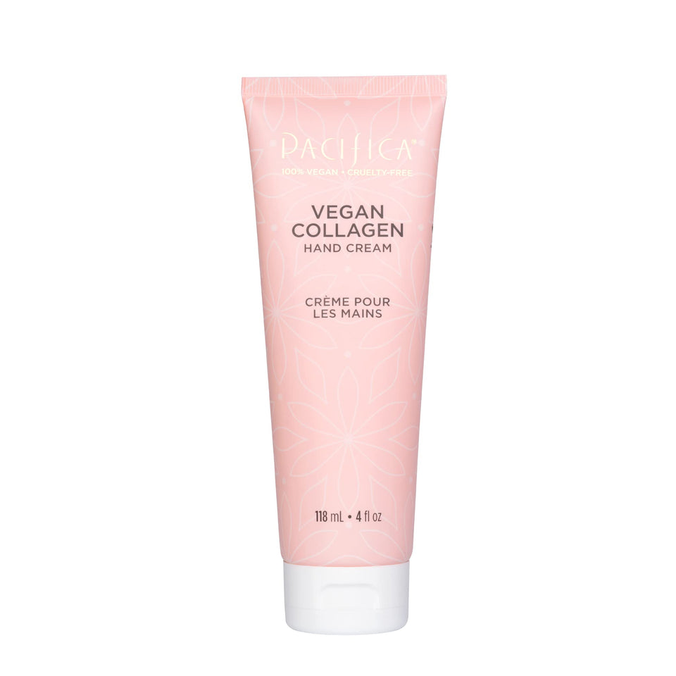 Pacifica Vegan Collagen Hand Cream tube; instantly nourishes dry hands with a silky, non-greasy finish.