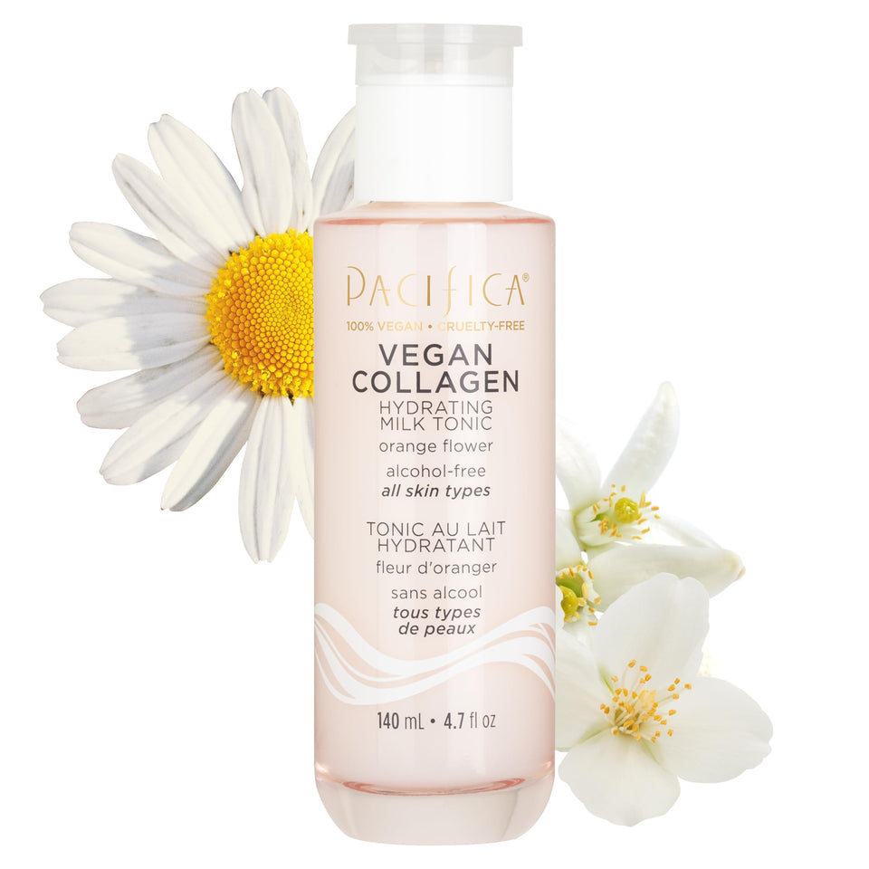 Pacifica Vegan Collagen Hydrating Milk Tonic bottle delivers instant moisture for dewy skin.