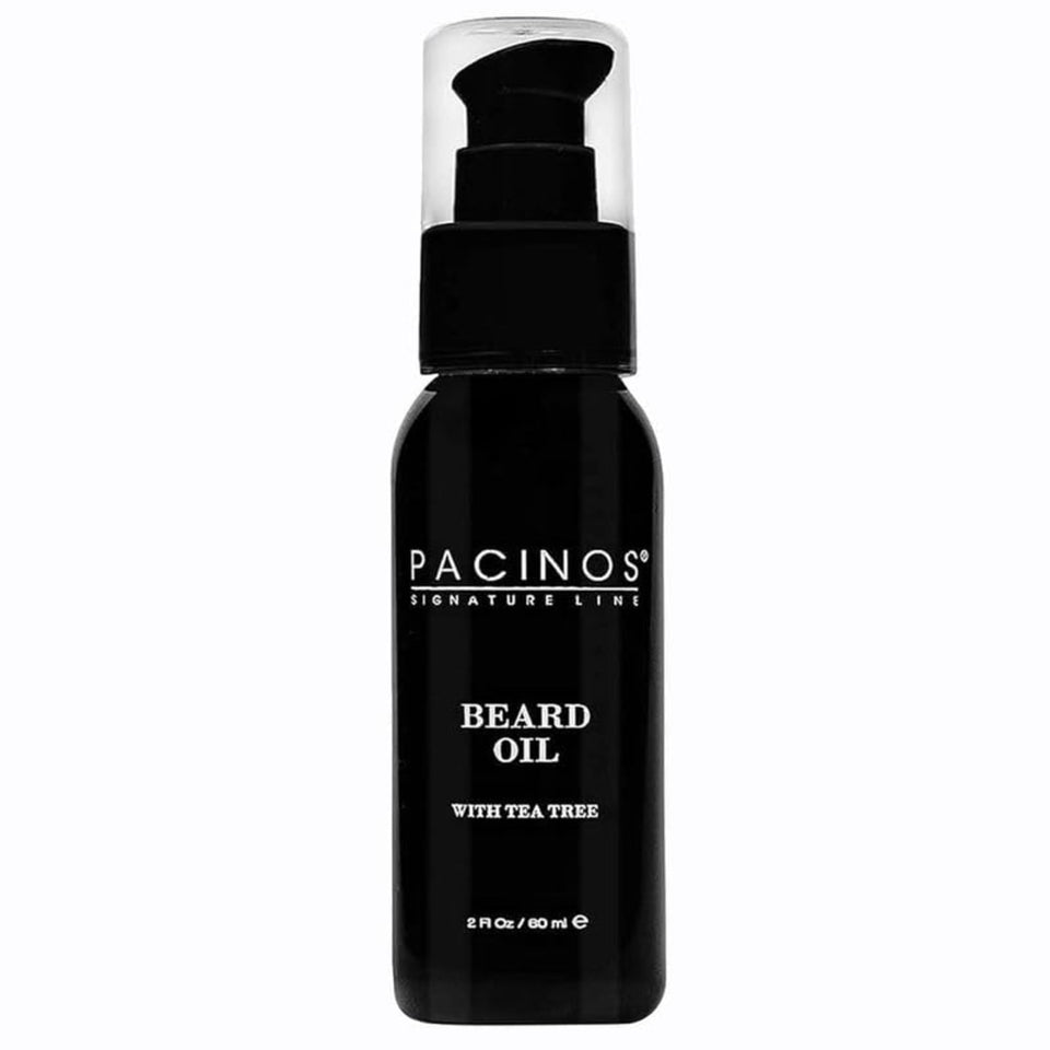 Pacinos beard oil in amber bottle for daily conditioning and shine.
