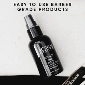 Pacinos beard oil two-ounce bottle ready for travel and daily use.
