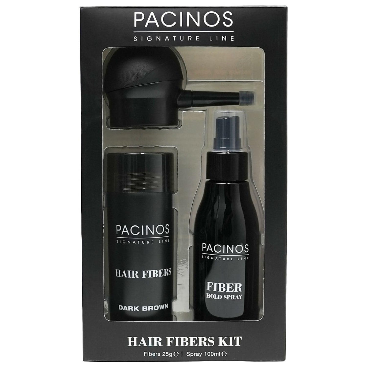 Pacinos Hair Fiber Kit bottle with Hold Spray for immediate coverage