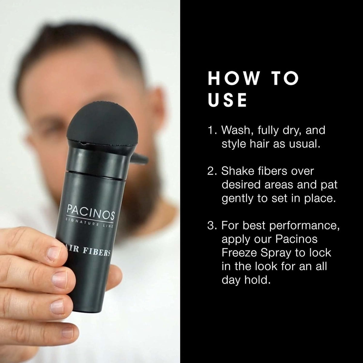 Pacinos Hair Fiber Kit long-lasting hold concept via dual applicator