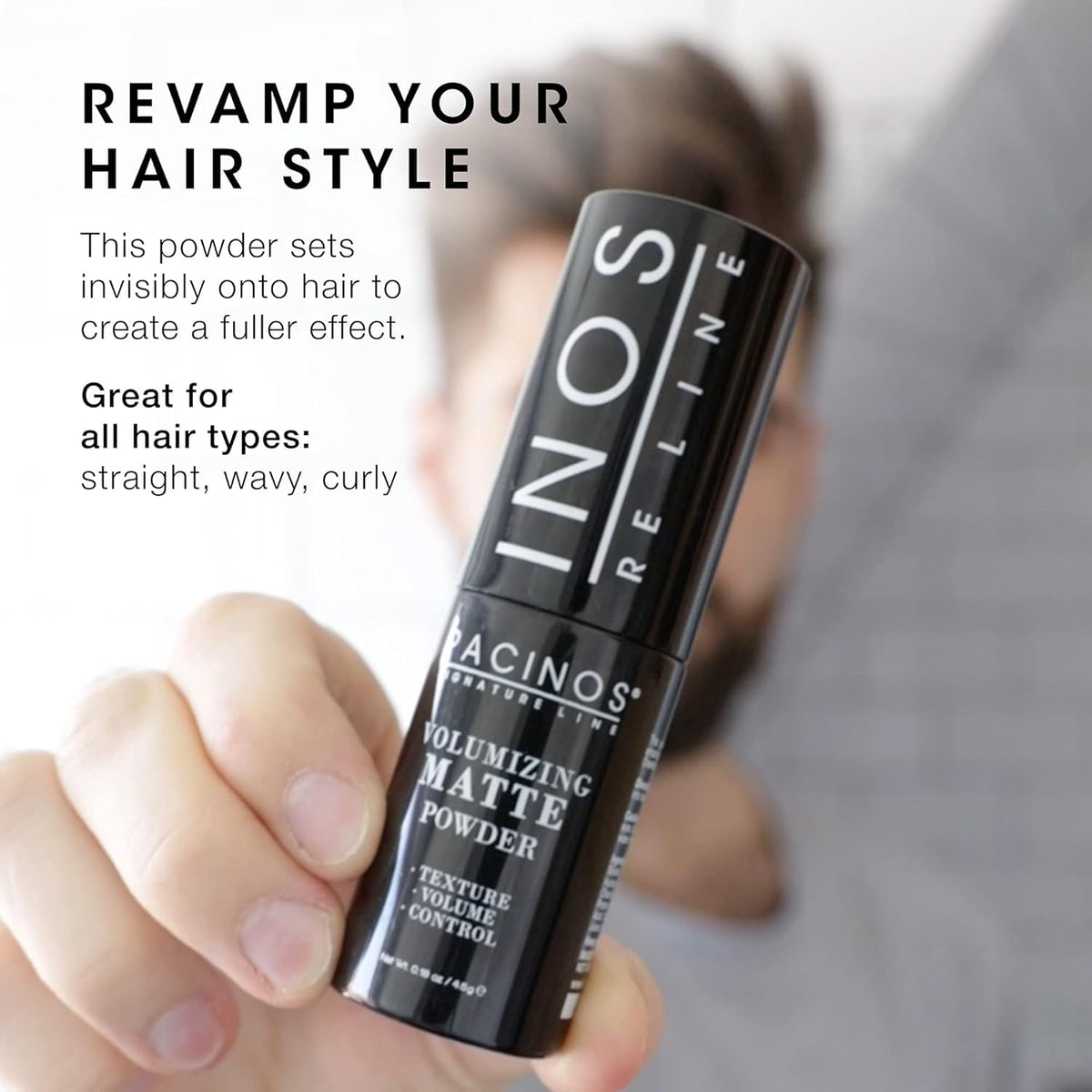 Pacinos Volumizing Matte Hair Powder on shelf communicates long lasting styling potential