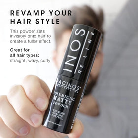 Pacinos Volumizing Matte Hair Powder on shelf communicates long lasting styling potential