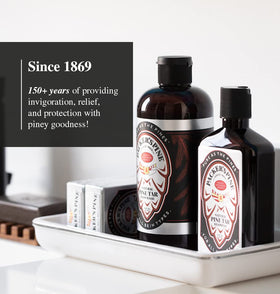 Packers Pine Tar Conditioner in a mountain shower scene for rugged outdoorsy vibe