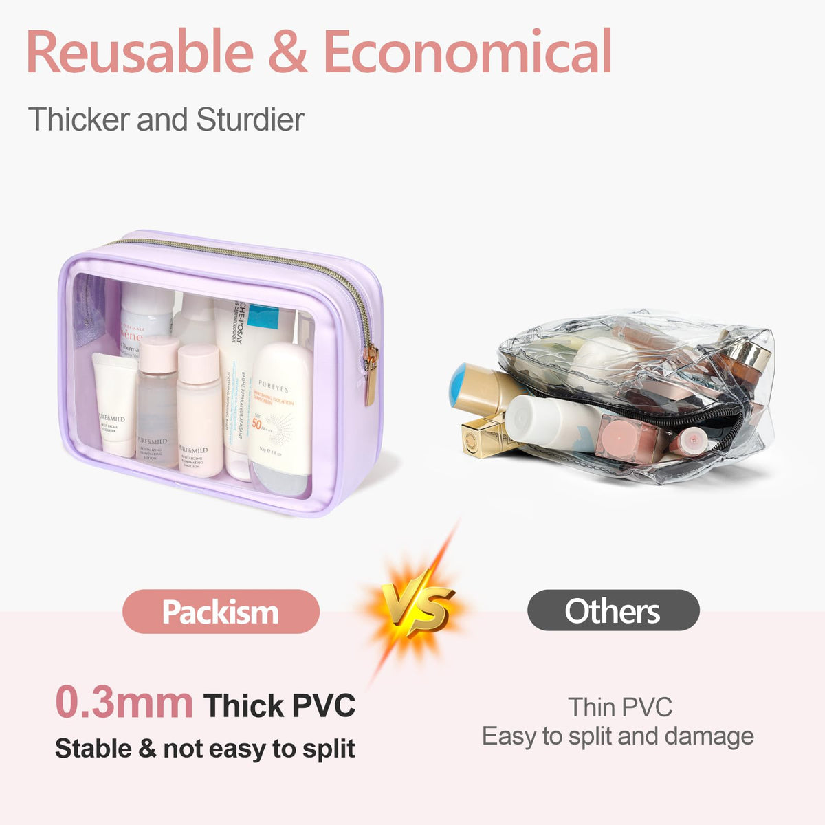 PACKISM Clear Makeup Bag Medium, structured frame with PU leather trim for shape.
