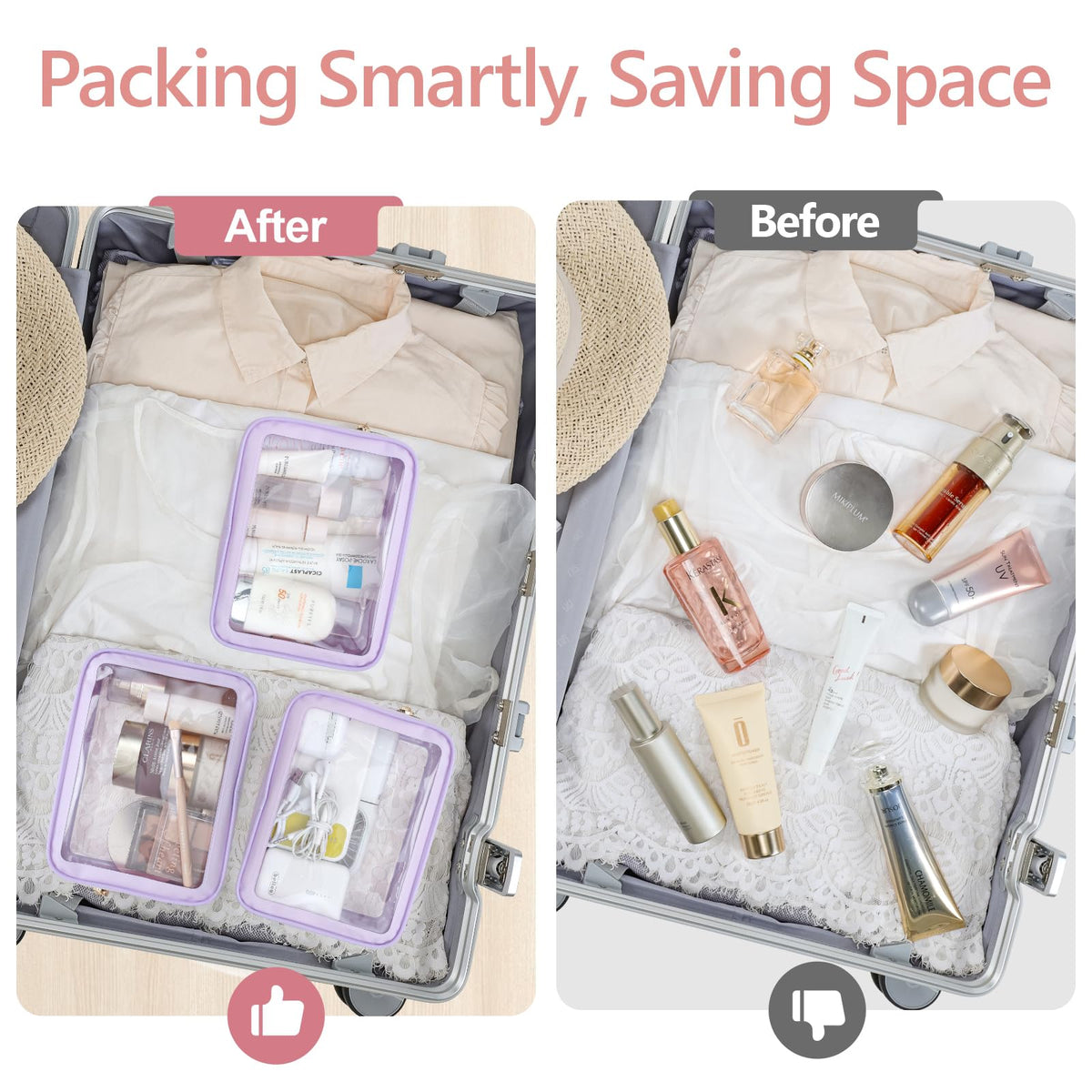 PACKISM Clear Makeup Bag Purple, vibrant color and edge trim for stylish packing.