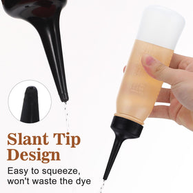 PACKOVE bottle pump action shown delivering smooth dye flow to scalp.