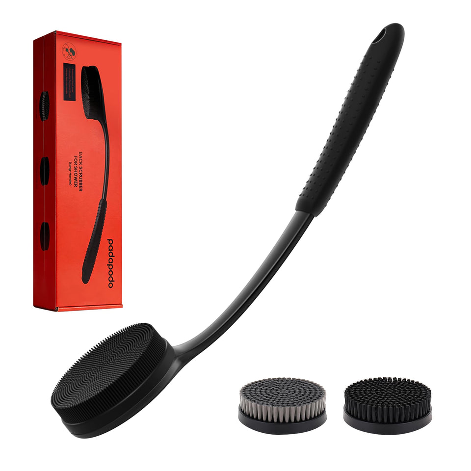 PADAPODO long-handle back scrubber with angled view for full back access and grip.