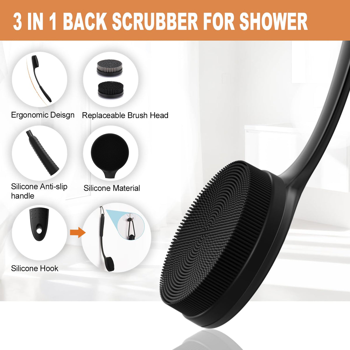 PADAPODO silicone grip handle ensures secure use in wet showers.