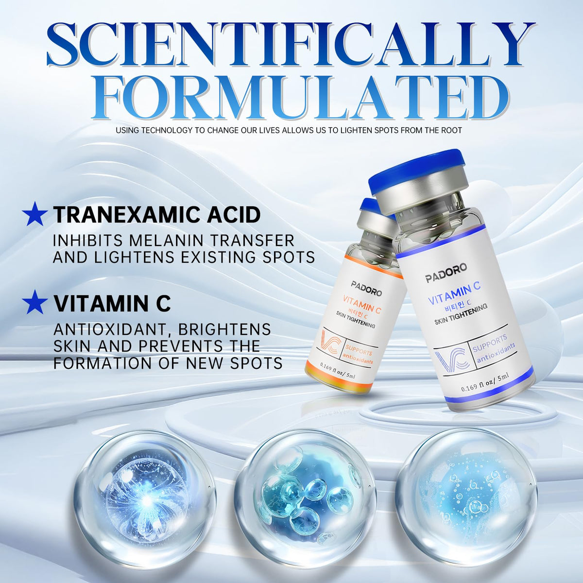 Padoro Gold Vitamin C serum bottle highlights antioxidant protection for radiant skin.