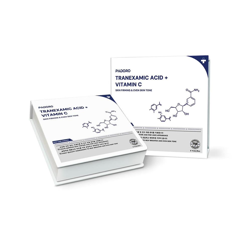 Padoro Tranexamic Acid Serum packaging shows premium skincare for daily brightening.