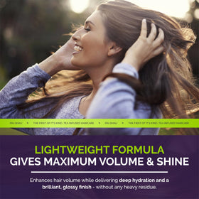Model with shiny, voluminous hair after using Pai-Shau conditioner.
