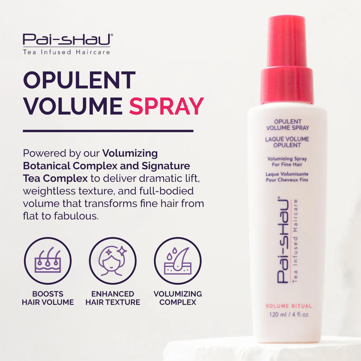 Pai-Shau Opulent Volume Spray mist creating natural movement and body.
