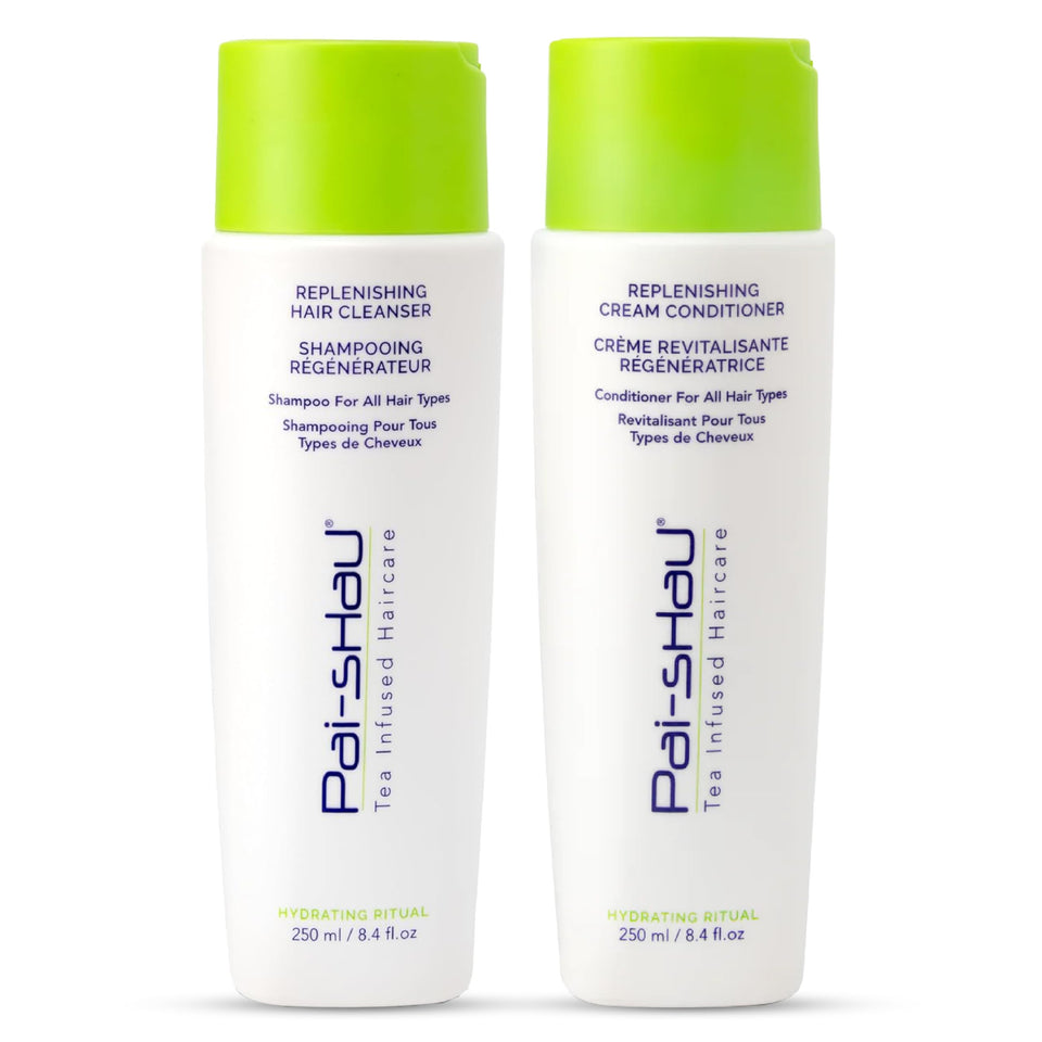Pai-Shau Replenishing Cleanser bottle pour showing a hydrating cleanse for all hair types