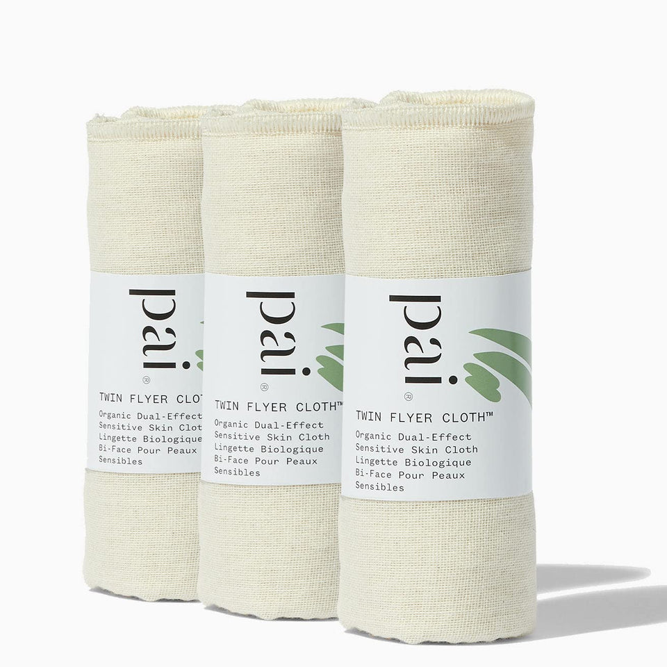 Pai Skincare Twin Flyer muslin side exfoliates delicate skin for a gentle cleanse