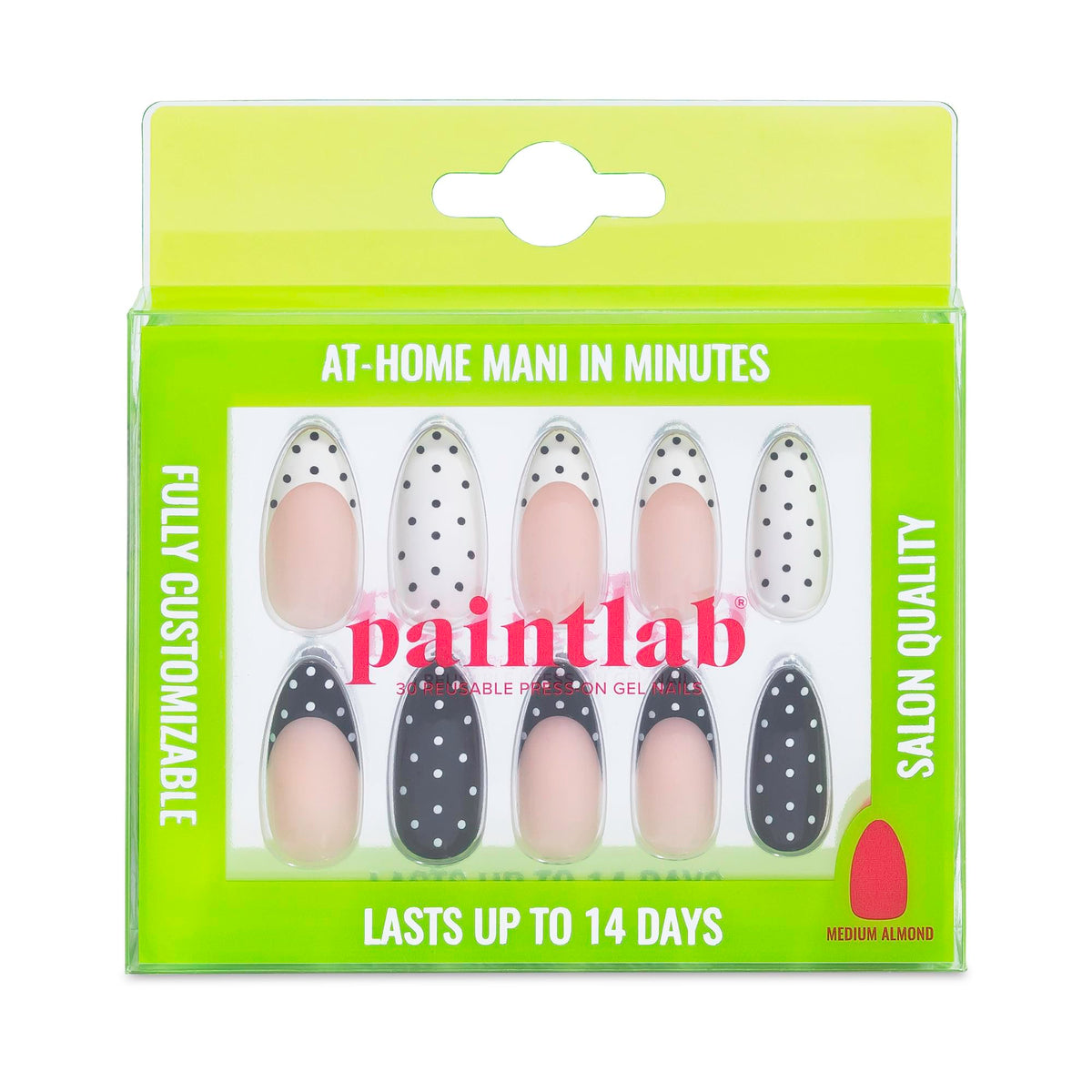 PaintLab polka dot couture almond nails in black and white for a quick style update