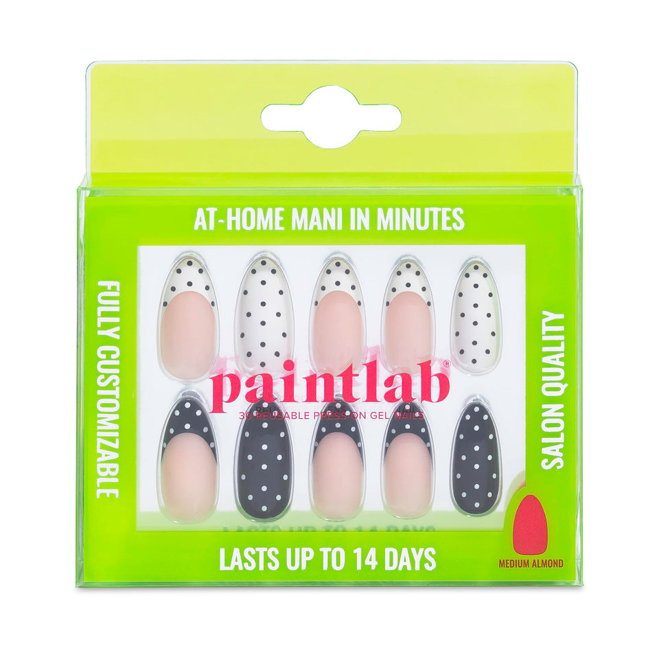 PaintLab polka dot couture almond nails in black and white for a quick style update