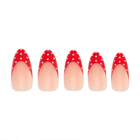 PaintLab red polka dot almond nails designed for comfortable wear up to two weeks