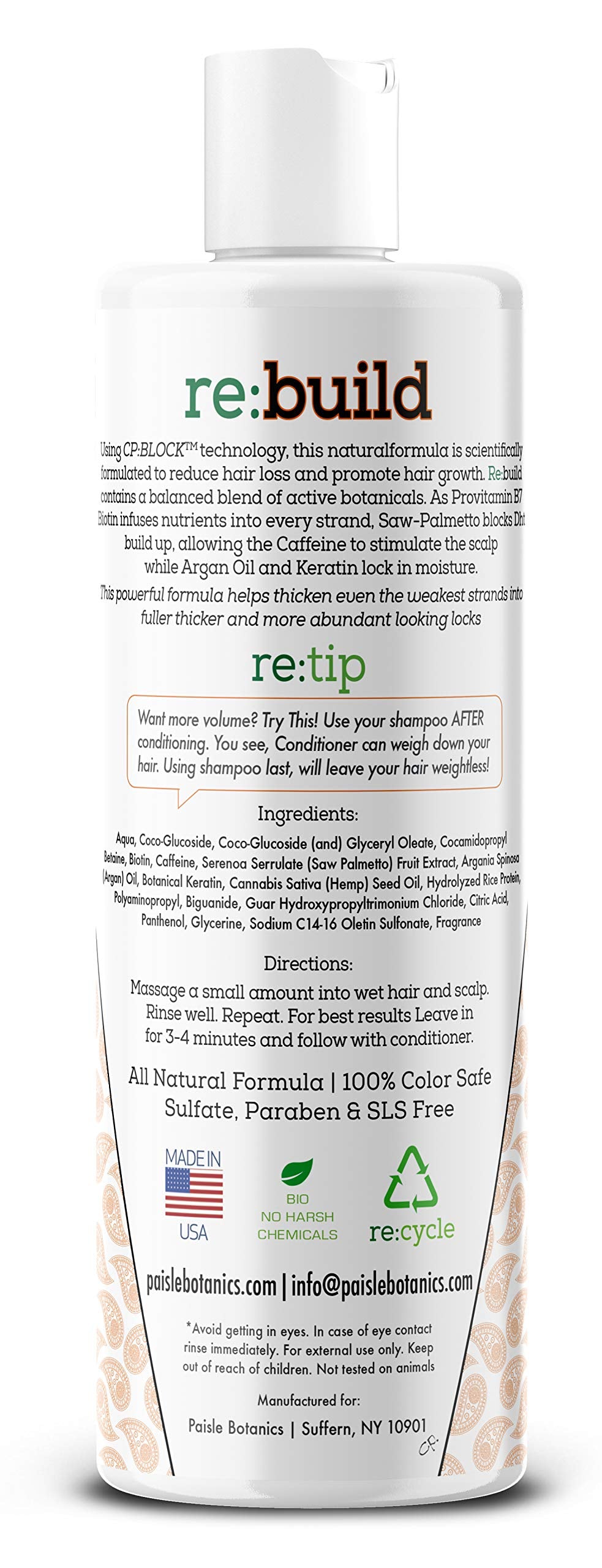 Close-up of Paisle Botanics Biotin Shampoo ingredients highlighting natural botanicals.