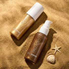 Palladio Body Shimmer Island Glow legs illuminate with soft bronze sheen.
