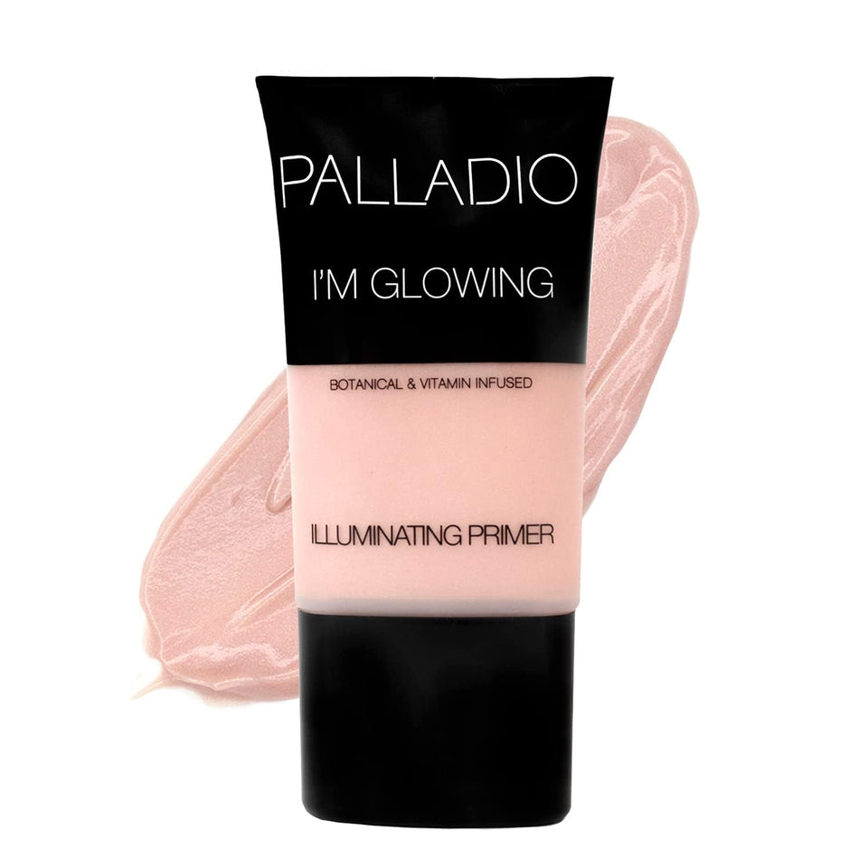 Palladio I'm Glowing primer bottle front view for radiant, dewy skin.