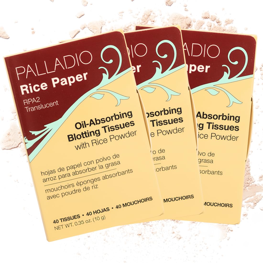 Palladio Rice Paper Tissues packaging shows portable oil control on the go.