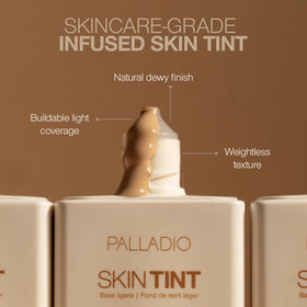 Palladio Skin Tint arm swatches show sheer to medium coverage for natural-looking skin.