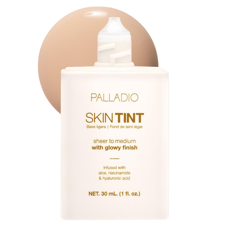 Palladio Skin Tint bottle close-up highlights lightweight hydration with a dewy glow.