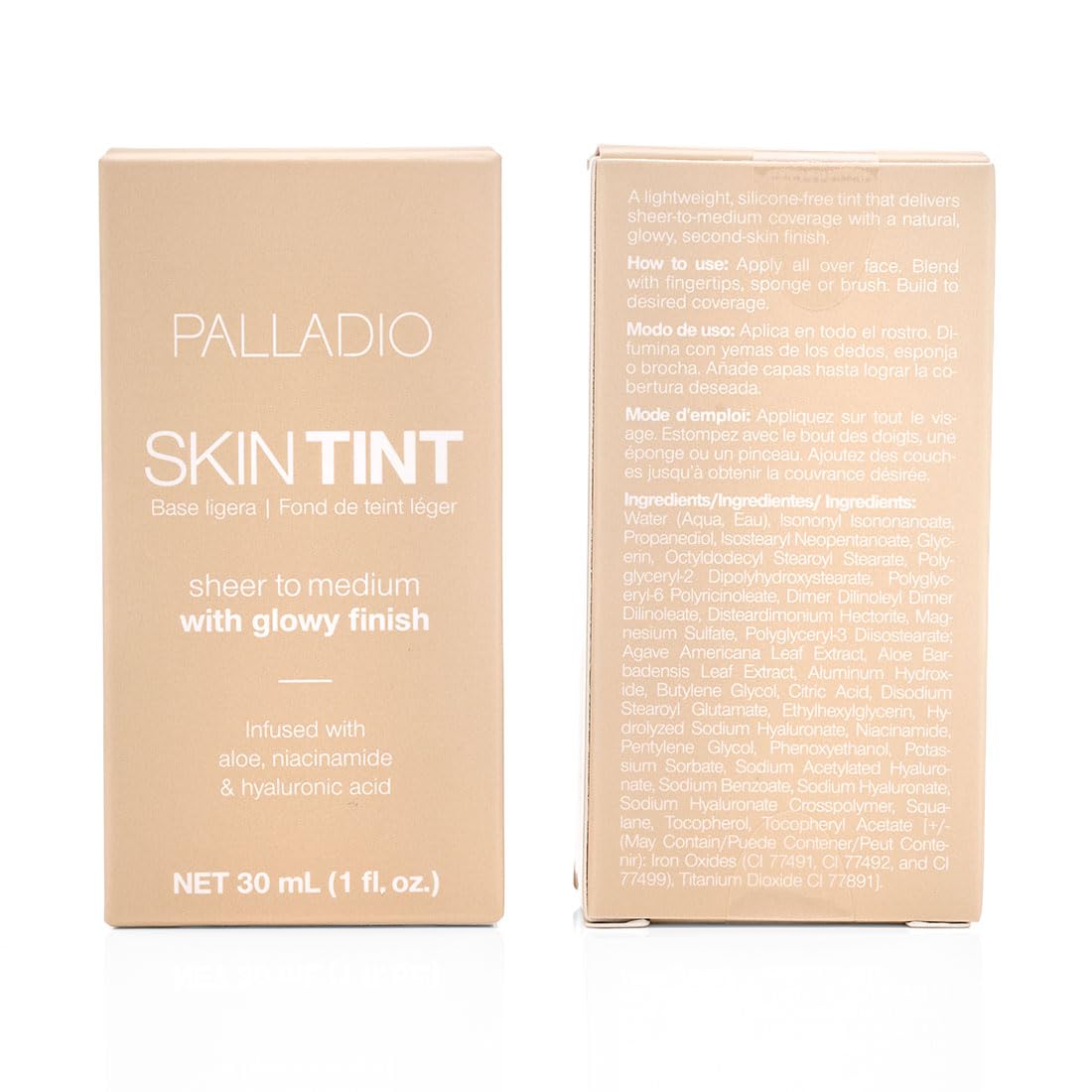 Palladio Skin Tint vegan cruelty-free badge on carton signals ethical choice.