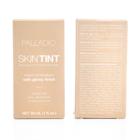 Palladio Skin Tint vegan cruelty-free badge on carton signals ethical choice.