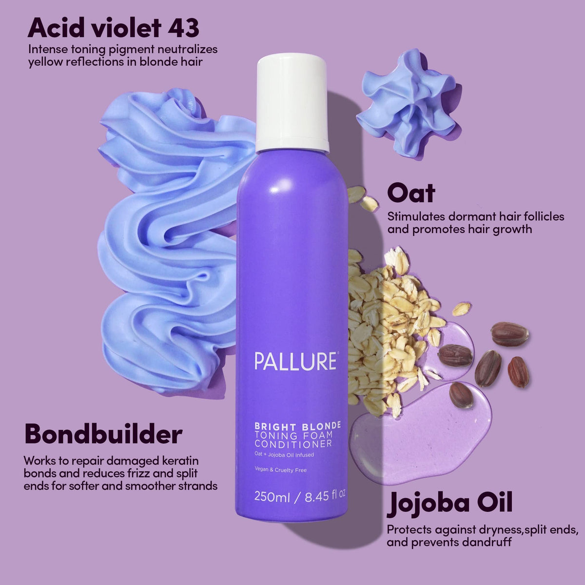 Pallure Bright Blonde Toning Foam closeup ingredients emphasizes oats and jojoba