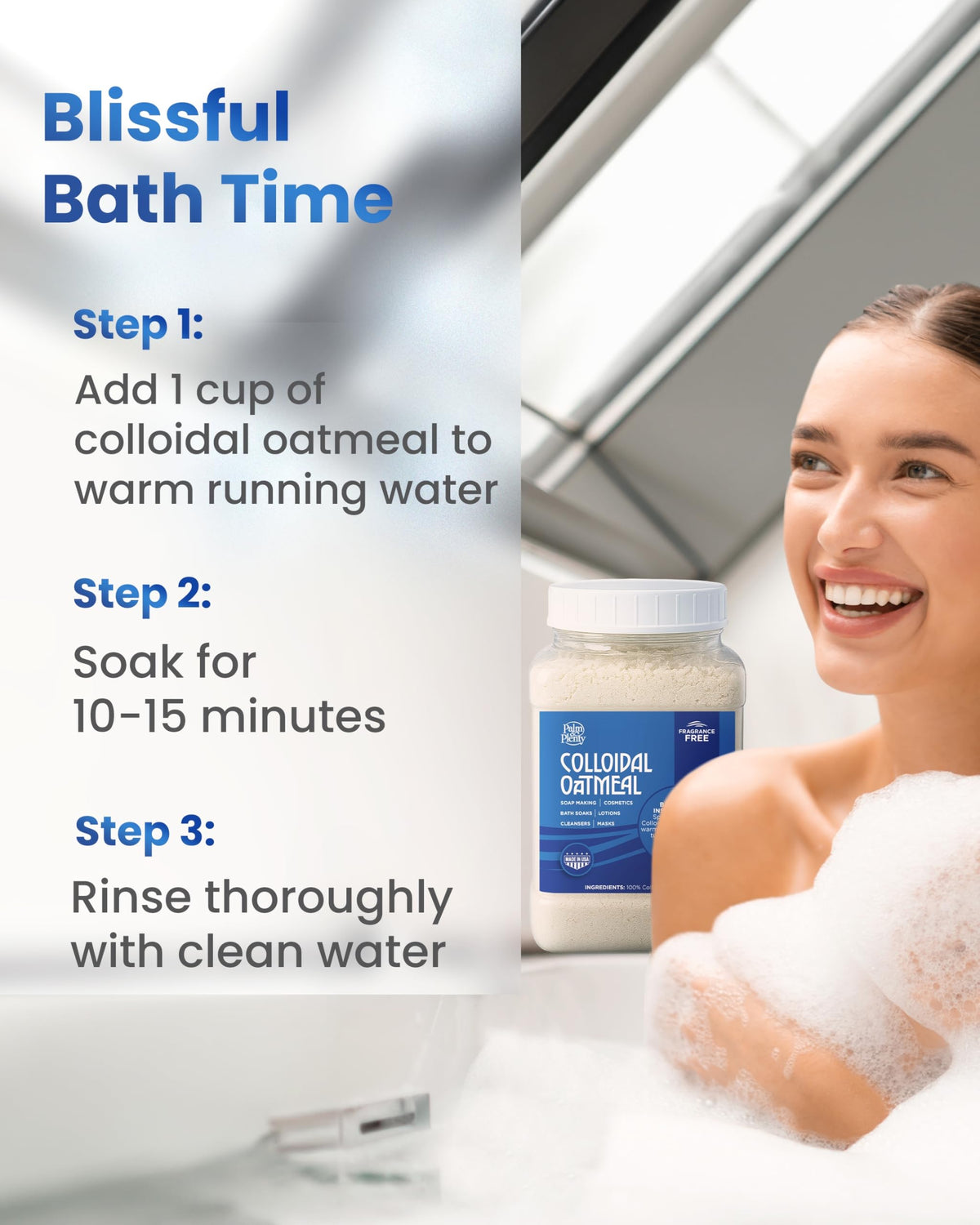 Palm and Plenty unscented oatmeal powder packaging for fragrance-free care.