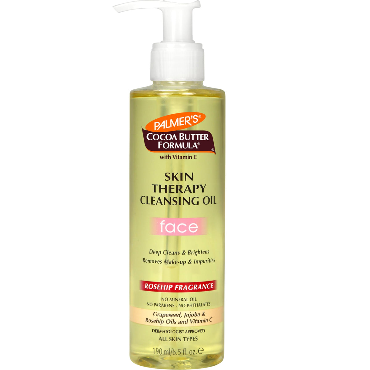 Palmer's Cocoa Butter Cleansing Oil bottle with rosehip scent for gentle makeup removal.