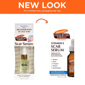 Palmer's Scar Serum ingredients panel highlights vitamin E and cocoa butter benefits