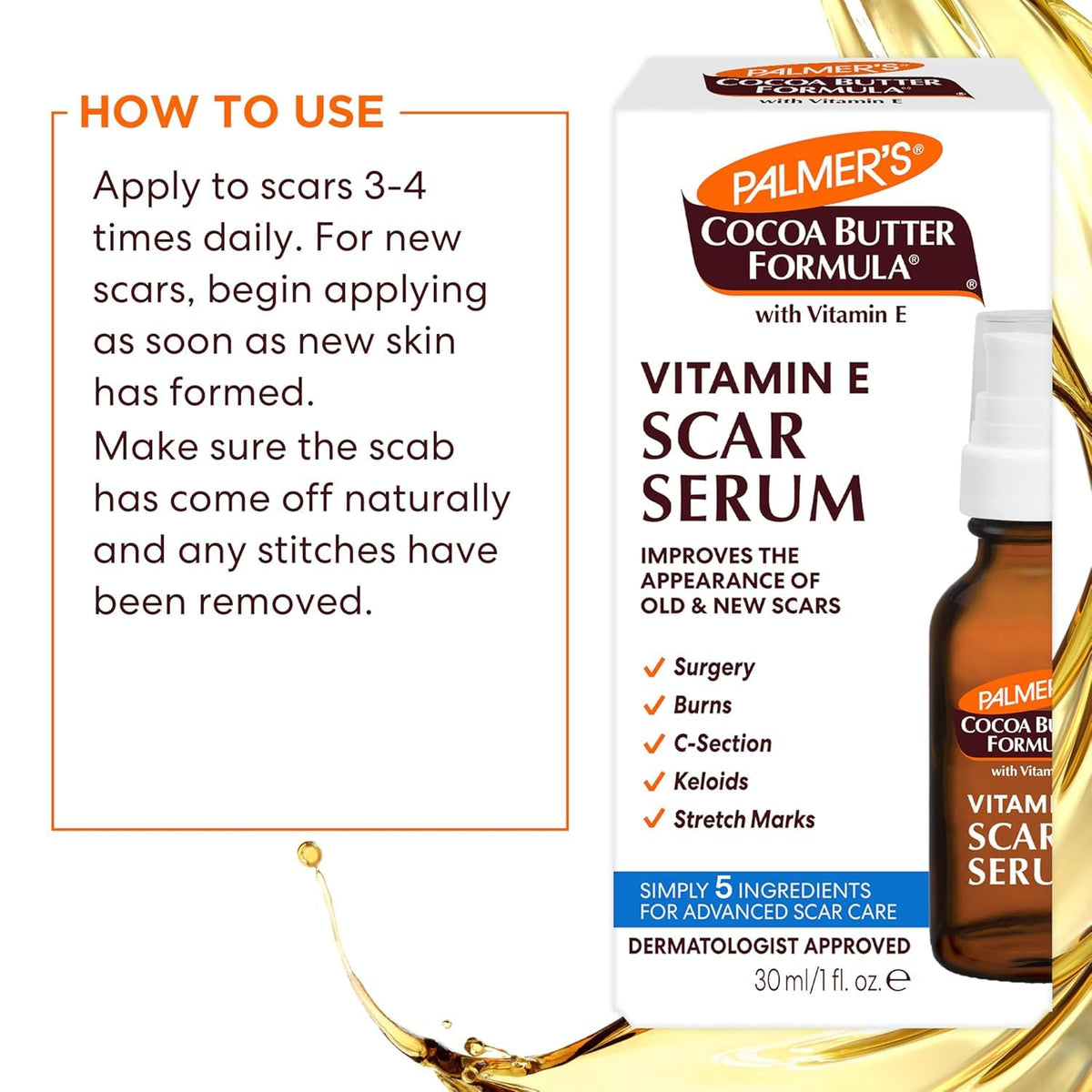 Palmer's Scar Serum ingredients and Vitamin E benefits highlighted