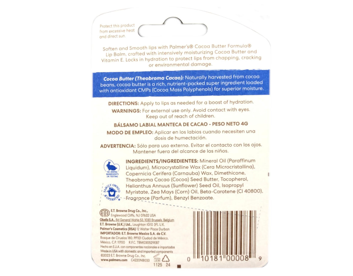 Palmer's Cocoa Butter Lip Balm packaging closeup for on-the-go lip protection.
