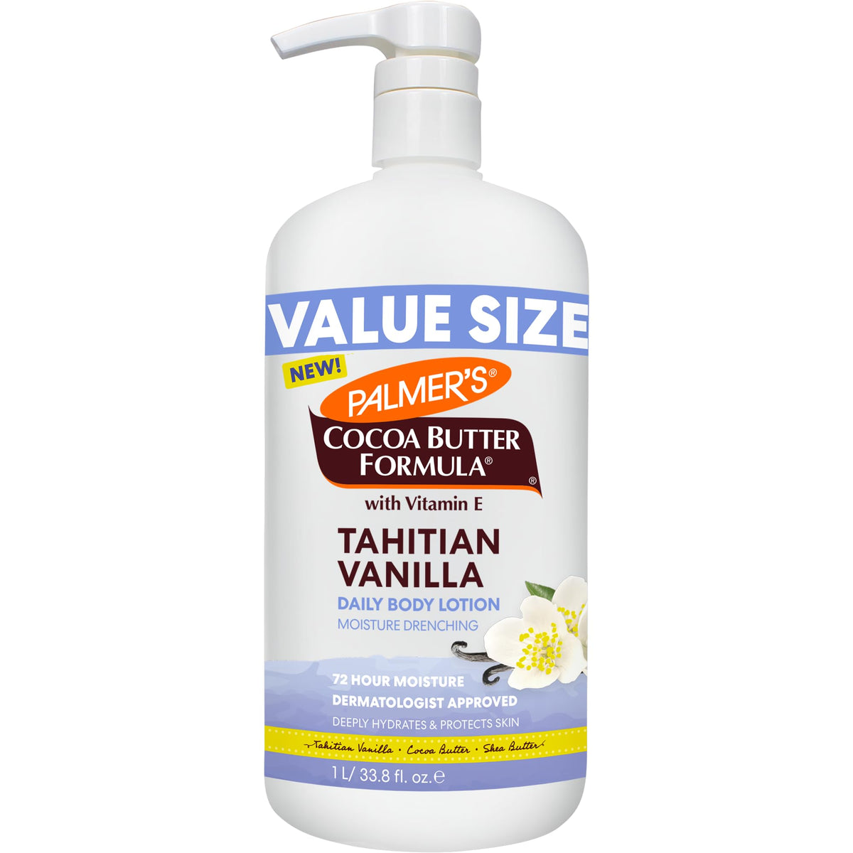 Palmer's Cocoa Butter Tahitian Vanilla lotion bottle front shows hydration-friendly formula.