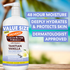 Palmer's Cocoa Butter Tahitian Vanilla lotion with vanilla swirl conveys comforting fragrance.