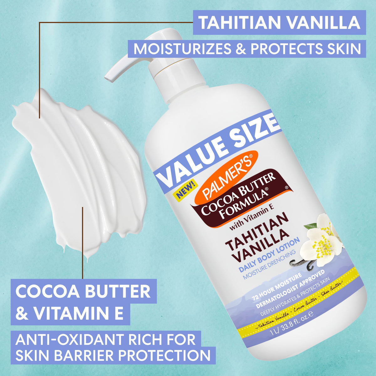 Palmer's Cocoa Butter Tahitian Vanilla packaging view in a generous 1 liter bottle.