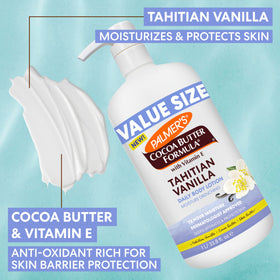 Palmer's Cocoa Butter Tahitian Vanilla packaging view in a generous 1 liter bottle.