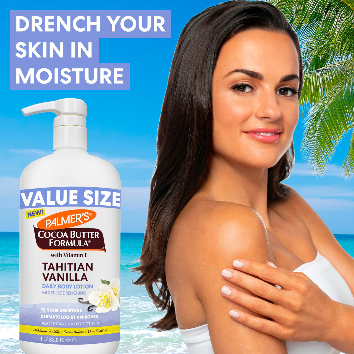 Palmer's Cocoa Butter Tahitian Vanilla lotion texture close-up highlights creamy absorption.