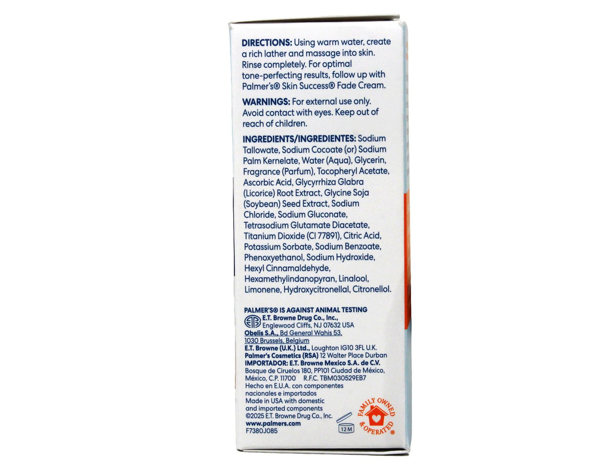 Ingredients panel of Palmer's Bar emphasizes Soy, Licorice, Vitamin C, Vitamin E for skin support.