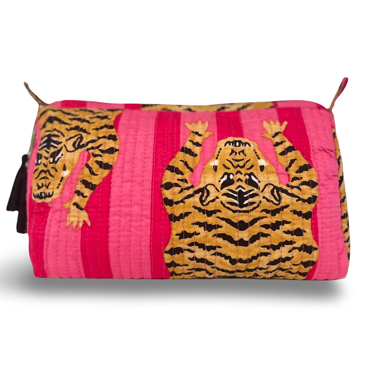 Palmetto Home block print makeup bag in pink tiger, a stylish travel organizer for cosmetics