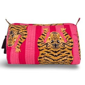 Palmetto Home block print makeup bag in pink tiger, a stylish travel organizer for cosmetics