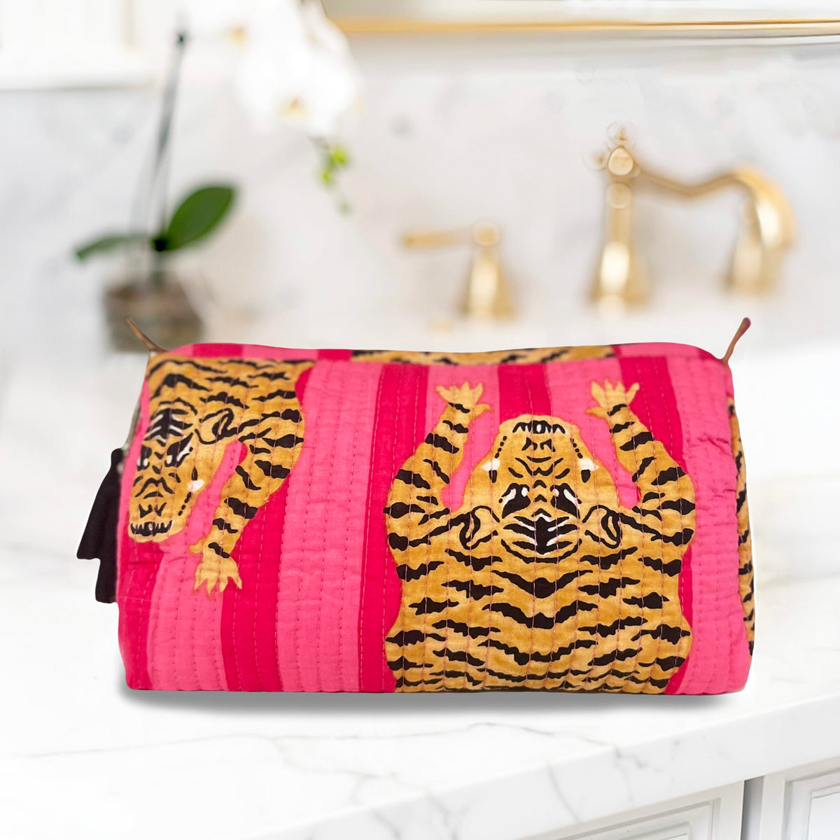Palmetto Home quilted cotton pink tiger pattern pouch, structured for daily essentials