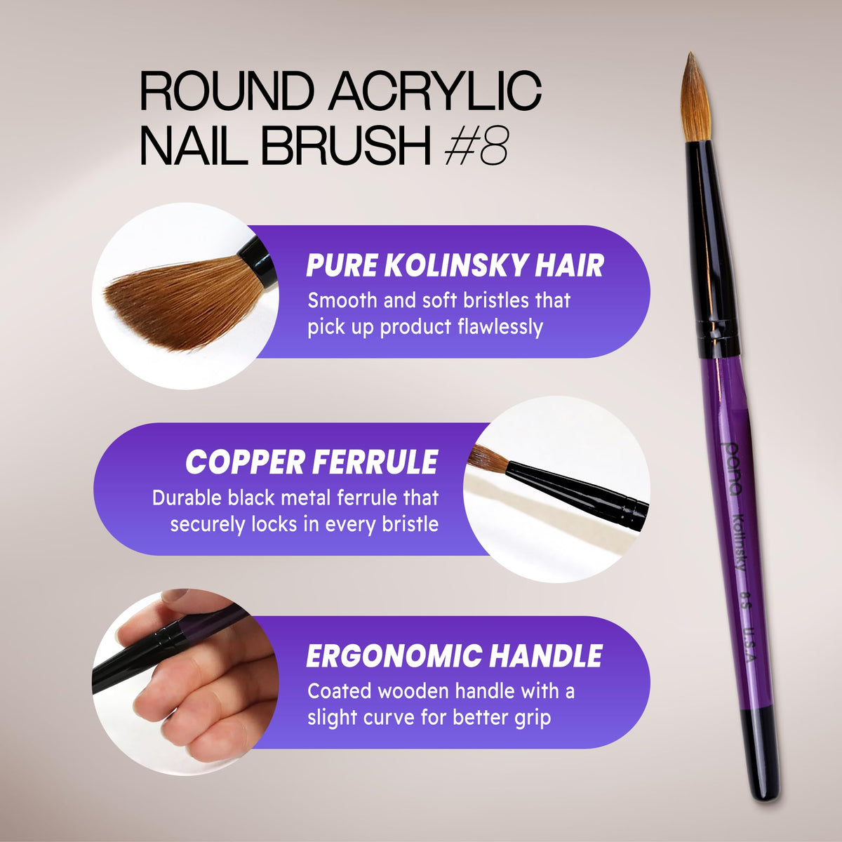 Close-up of Kolinsky bristles for precise sculpting and smooth acrylic work.