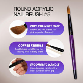 Close-up of Kolinsky bristles for precise sculpting and smooth acrylic work.
