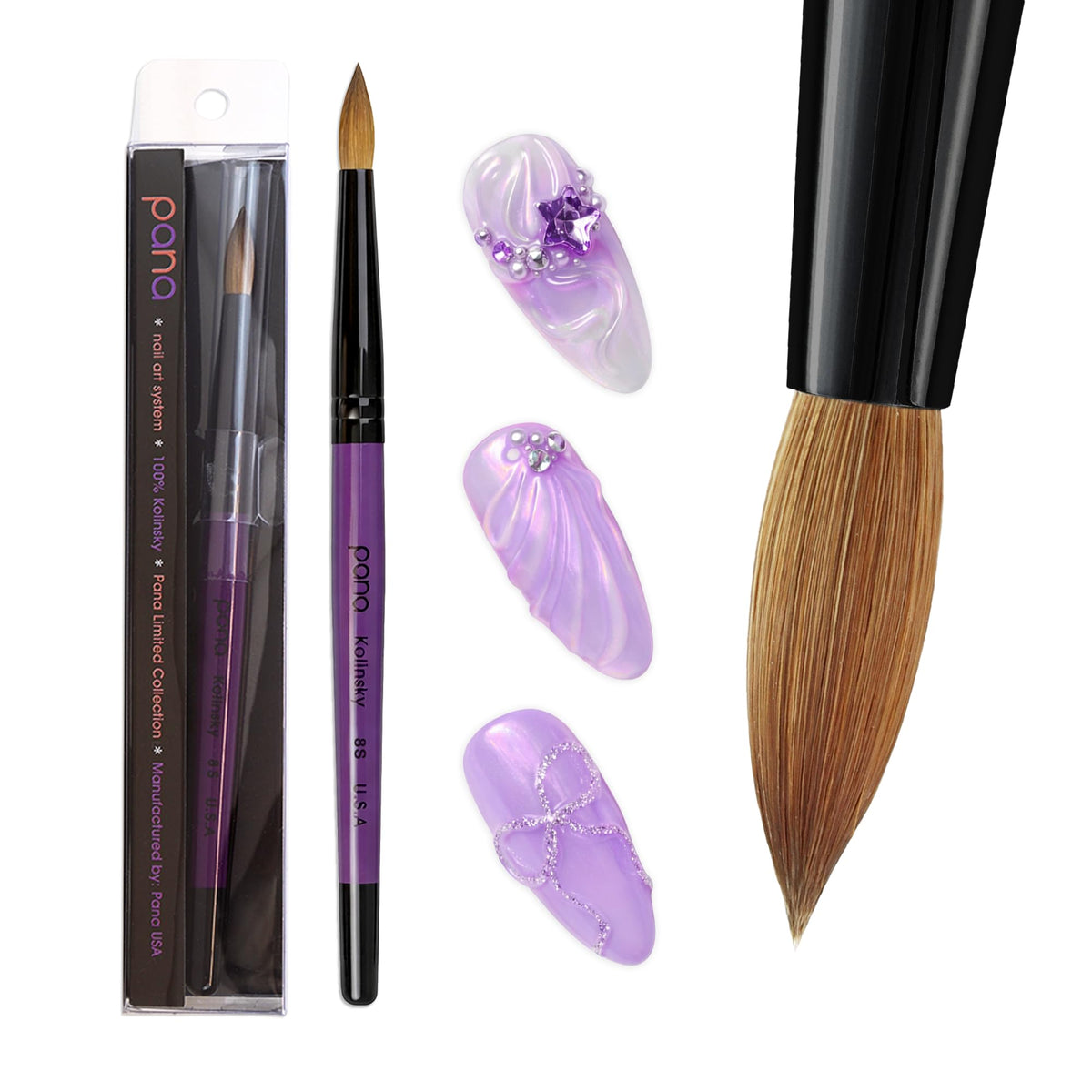 PANA Pure Kolinsky round brush with purple wood handle for precise acrylic application.